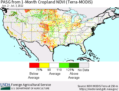 United States PASG from 1-Month Cropland NDVI (Terra-MODIS) Thematic Map For 7/1/2022 - 7/10/2022