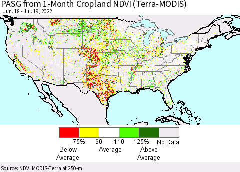 United States PASG from 1-Month Cropland NDVI (Terra-MODIS) Thematic Map For 7/12/2022 - 7/19/2022
