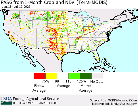United States PASG from 1-Month Cropland NDVI (Terra-MODIS) Thematic Map For 7/11/2022 - 7/20/2022