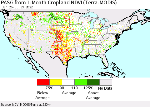 United States PASG from 1-Month Cropland NDVI (Terra-MODIS) Thematic Map For 7/20/2022 - 7/27/2022