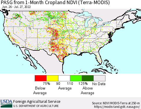 United States PASG from 1-Month Cropland NDVI (Terra-MODIS) Thematic Map For 7/21/2022 - 7/31/2022