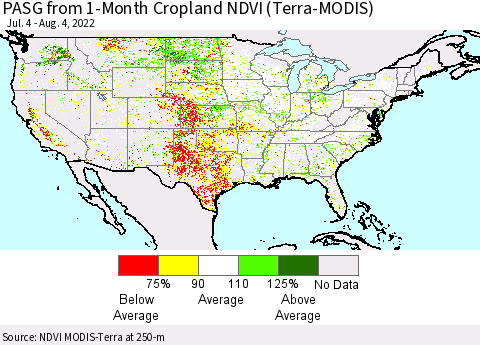 United States PASG from 1-Month Cropland NDVI (Terra-MODIS) Thematic Map For 7/28/2022 - 8/4/2022