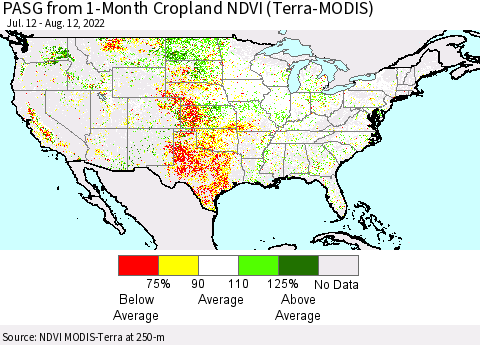 United States PASG from 1-Month Cropland NDVI (Terra-MODIS) Thematic Map For 8/5/2022 - 8/12/2022