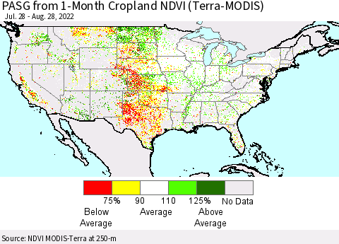 United States PASG from 1-Month Cropland NDVI (Terra-MODIS) Thematic Map For 8/21/2022 - 8/28/2022