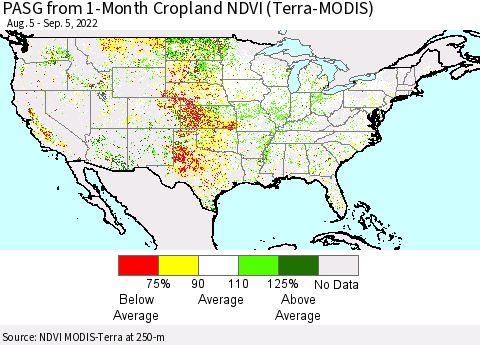 United States PASG from 1-Month Cropland NDVI (Terra-MODIS) Thematic Map For 8/29/2022 - 9/5/2022