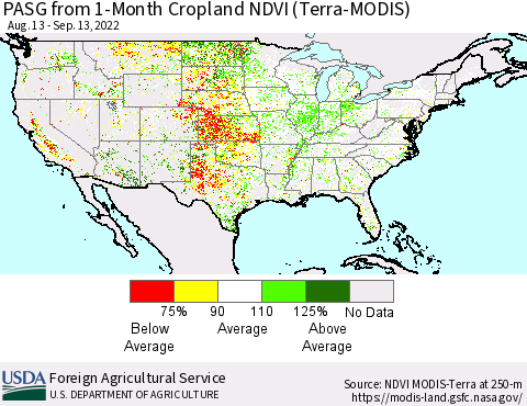 United States PASG from 1-Month Cropland NDVI (Terra-MODIS) Thematic Map For 9/11/2022 - 9/20/2022