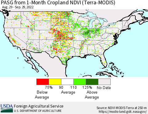 United States PASG from 1-Month Cropland NDVI (Terra-MODIS) Thematic Map For 9/21/2022 - 9/30/2022