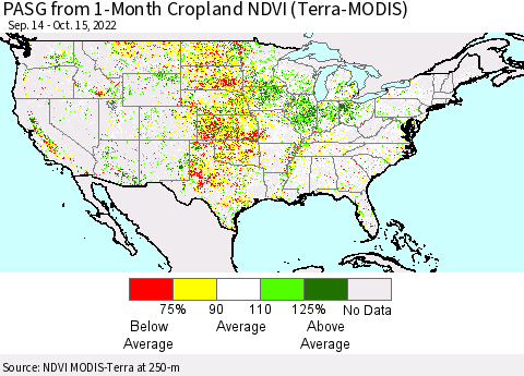 United States PASG from 1-Month Cropland NDVI (Terra-MODIS) Thematic Map For 10/8/2022 - 10/15/2022