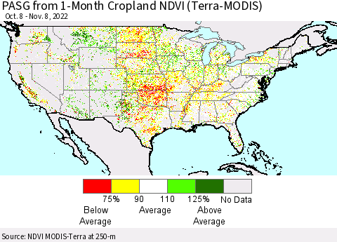 United States PASG from 1-Month Cropland NDVI (Terra-MODIS) Thematic Map For 11/1/2022 - 11/8/2022