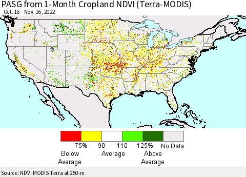 United States PASG from 1-Month Cropland NDVI (Terra-MODIS) Thematic Map For 11/9/2022 - 11/16/2022