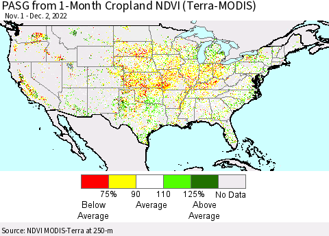United States PASG from 1-Month Cropland NDVI (Terra-MODIS) Thematic Map For 11/25/2022 - 12/2/2022