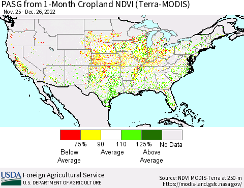 United States PASG from 1-Month Cropland NDVI (Terra-MODIS) Thematic Map For 12/21/2022 - 12/31/2022