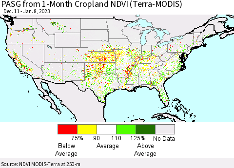 United States PASG from 1-Month Cropland NDVI (Terra-MODIS) Thematic Map For 1/1/2023 - 1/8/2023