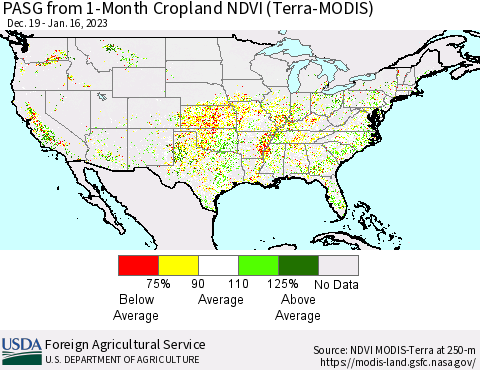 United States PASG from 1-Month Cropland NDVI (Terra-MODIS) Thematic Map For 1/11/2023 - 1/20/2023