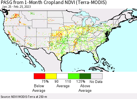 United States PASG from 1-Month Cropland NDVI (Terra-MODIS) Thematic Map For 2/18/2023 - 2/25/2023