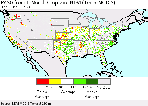 United States PASG from 1-Month Cropland NDVI (Terra-MODIS) Thematic Map For 2/26/2023 - 3/5/2023