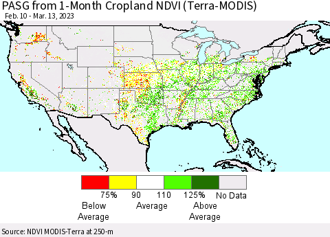 United States PASG from 1-Month Cropland NDVI (Terra-MODIS) Thematic Map For 3/6/2023 - 3/13/2023