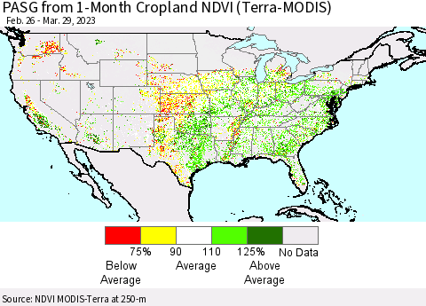 United States PASG from 1-Month Cropland NDVI (Terra-MODIS) Thematic Map For 3/22/2023 - 3/29/2023
