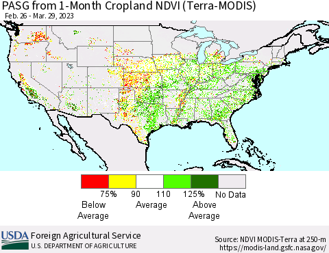 United States PASG from 1-Month Cropland NDVI (Terra-MODIS) Thematic Map For 3/21/2023 - 3/31/2023