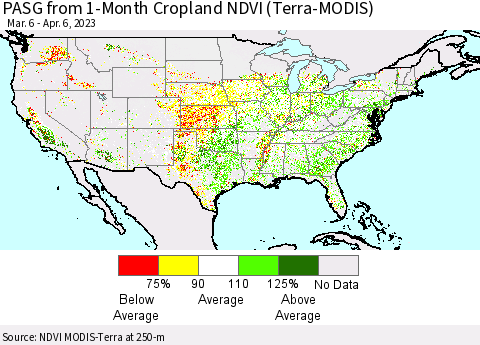 United States PASG from 1-Month Cropland NDVI (Terra-MODIS) Thematic Map For 3/30/2023 - 4/6/2023