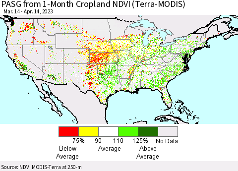 United States PASG from 1-Month Cropland NDVI (Terra-MODIS) Thematic Map For 4/7/2023 - 4/14/2023