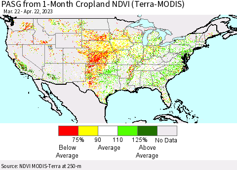 United States PASG from 1-Month Cropland NDVI (Terra-MODIS) Thematic Map For 4/15/2023 - 4/22/2023
