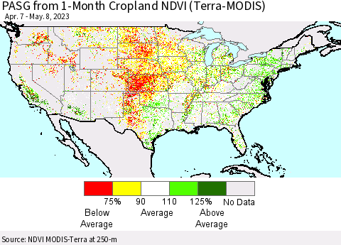 United States PASG from 1-Month Cropland NDVI (Terra-MODIS) Thematic Map For 5/1/2023 - 5/8/2023