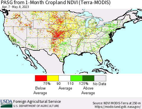 United States PASG from 1-Month Cropland NDVI (Terra-MODIS) Thematic Map For 5/1/2023 - 5/10/2023