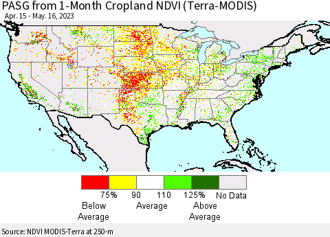 United States PASG from 1-Month Cropland NDVI (Terra-MODIS) Thematic Map For 5/9/2023 - 5/16/2023