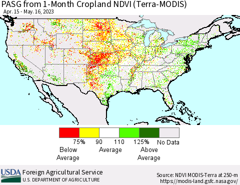 United States PASG from 1-Month Cropland NDVI (Terra-MODIS) Thematic Map For 5/11/2023 - 5/20/2023
