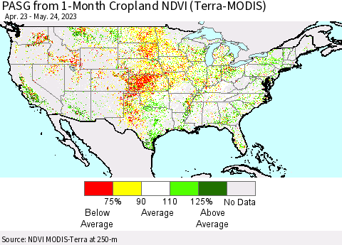 United States PASG from 1-Month Cropland NDVI (Terra-MODIS) Thematic Map For 5/17/2023 - 5/24/2023
