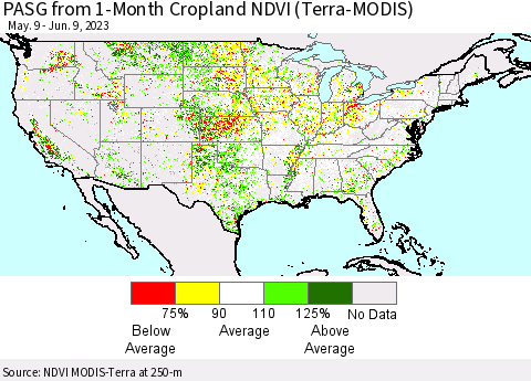 United States PASG from 1-Month Cropland NDVI (Terra-MODIS) Thematic Map For 6/2/2023 - 6/9/2023