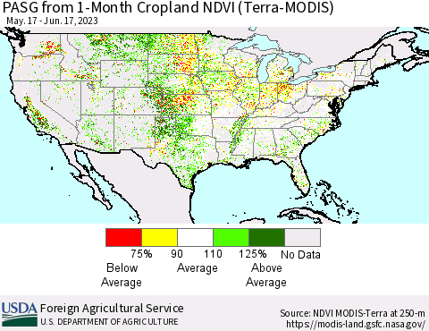 United States PASG from 1-Month Cropland NDVI (Terra-MODIS) Thematic Map For 6/11/2023 - 6/20/2023