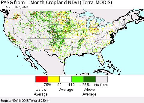 United States PASG from 1-Month Cropland NDVI (Terra-MODIS) Thematic Map For 6/26/2023 - 7/3/2023