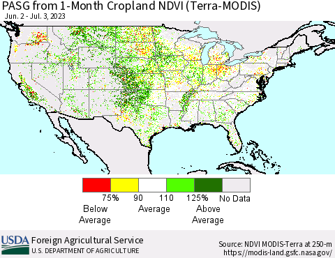 United States PASG from 1-Month Cropland NDVI (Terra-MODIS) Thematic Map For 7/1/2023 - 7/10/2023