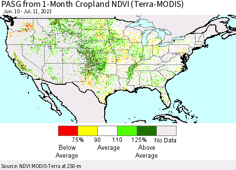 United States PASG from 1-Month Cropland NDVI (Terra-MODIS) Thematic Map For 7/4/2023 - 7/11/2023