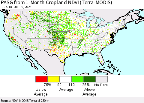 United States PASG from 1-Month Cropland NDVI (Terra-MODIS) Thematic Map For 7/12/2023 - 7/19/2023