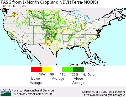 United States PASG from 1-Month Cropland NDVI (Terra-MODIS) Thematic Map For 7/11/2023 - 7/20/2023