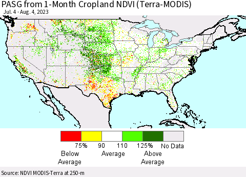 United States PASG from 1-Month Cropland NDVI (Terra-MODIS) Thematic Map For 7/28/2023 - 8/4/2023