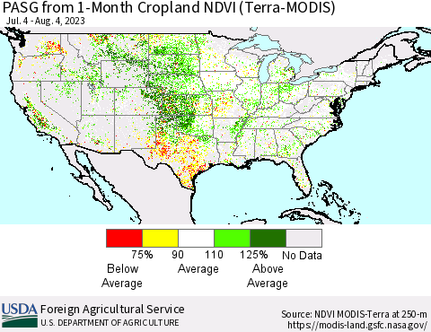 United States PASG from 1-Month Cropland NDVI (Terra-MODIS) Thematic Map For 8/1/2023 - 8/10/2023