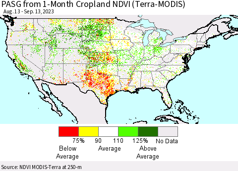 United States PASG from 1-Month Cropland NDVI (Terra-MODIS) Thematic Map For 9/6/2023 - 9/13/2023
