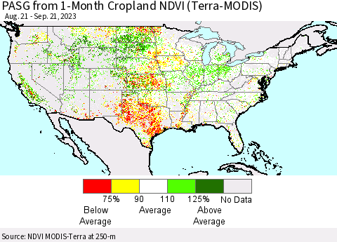 United States PASG from 1-Month Cropland NDVI (Terra-MODIS) Thematic Map For 9/14/2023 - 9/21/2023