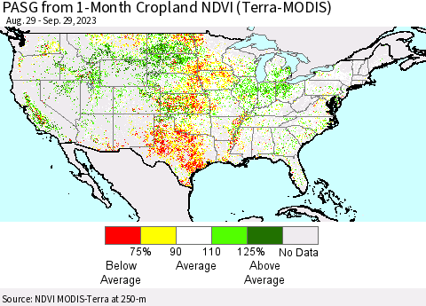 United States PASG from 1-Month Cropland NDVI (Terra-MODIS) Thematic Map For 9/22/2023 - 9/29/2023
