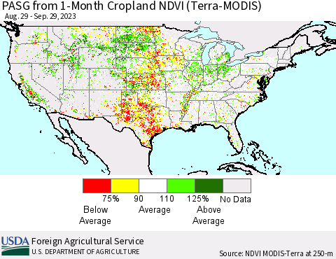 United States PASG from 1-Month Cropland NDVI (Terra-MODIS) Thematic Map For 9/21/2023 - 9/30/2023