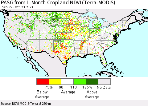 United States PASG from 1-Month Cropland NDVI (Terra-MODIS) Thematic Map For 10/16/2023 - 10/23/2023