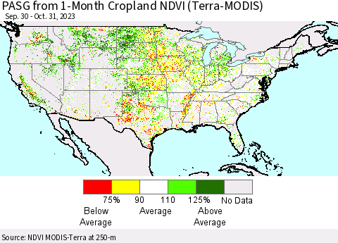 United States PASG from 1-Month Cropland NDVI (Terra-MODIS) Thematic Map For 10/24/2023 - 10/31/2023