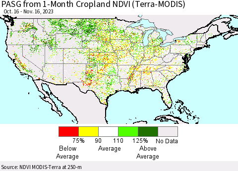 United States PASG from 1-Month Cropland NDVI (Terra-MODIS) Thematic Map For 11/9/2023 - 11/16/2023