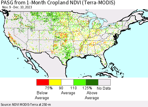 United States PASG from 1-Month Cropland NDVI (Terra-MODIS) Thematic Map For 12/3/2023 - 12/10/2023