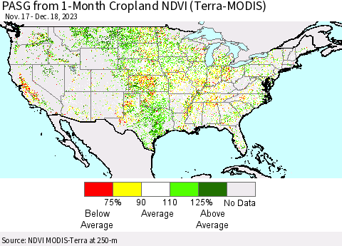 United States PASG from 1-Month Cropland NDVI (Terra-MODIS) Thematic Map For 12/11/2023 - 12/18/2023
