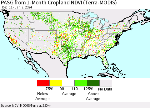 United States PASG from 1-Month Cropland NDVI (Terra-MODIS) Thematic Map For 1/1/2024 - 1/8/2024